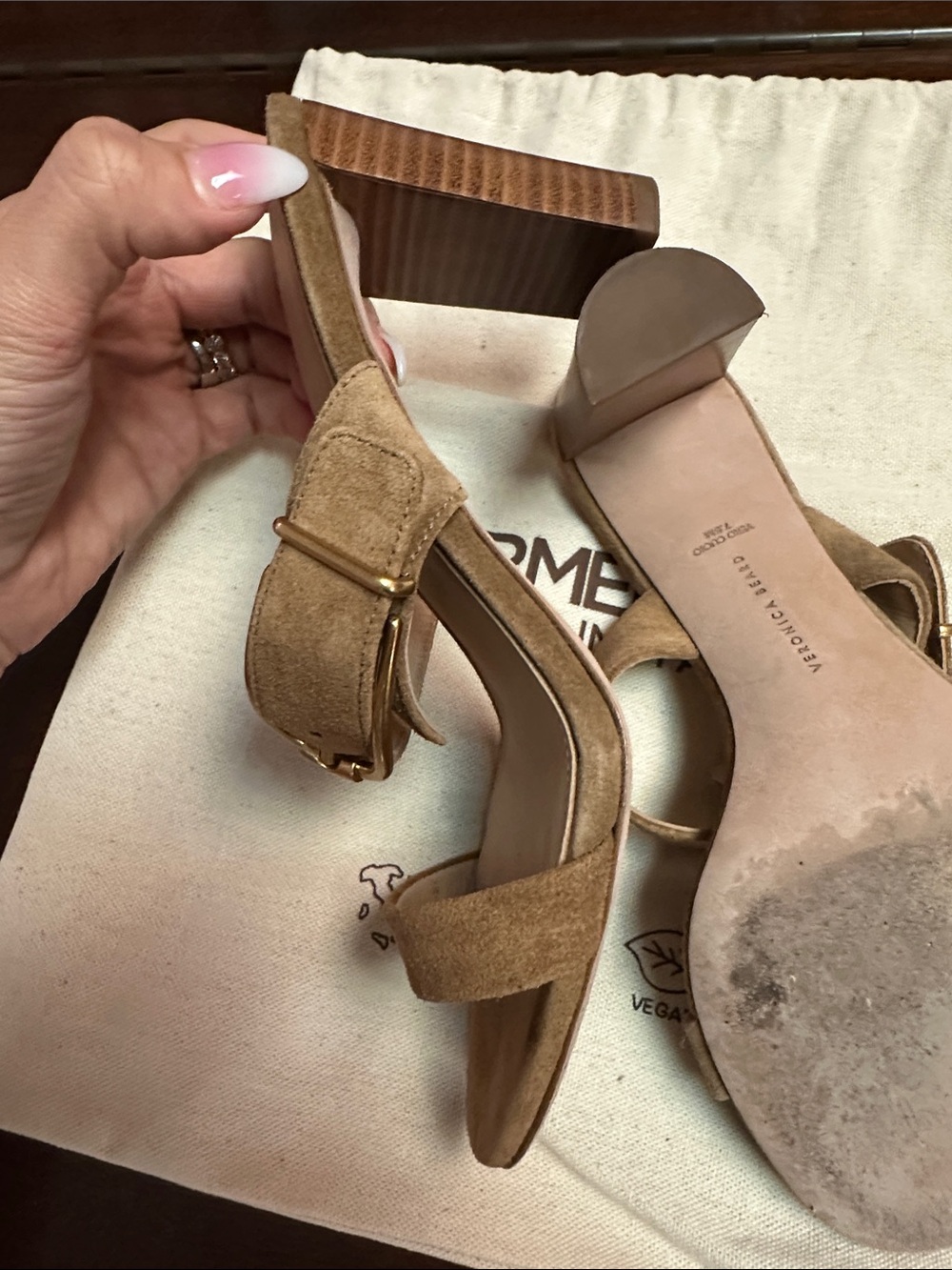 Veronica Beard Tan Suede Mule Sandals with Gold Buckle - Picture 7 of 8